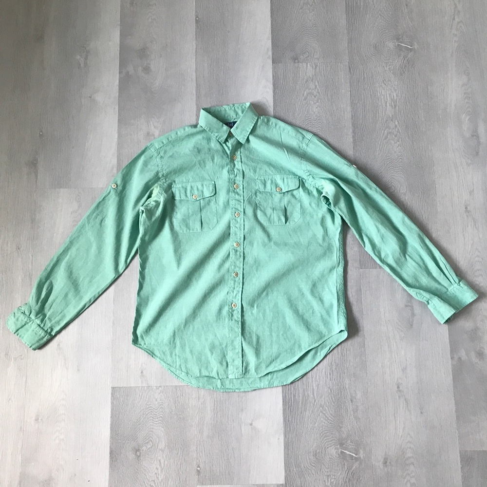 POLO RALPH LAUREN LINEN SHIRT GREEN LONG SLEEVE BUTTON MENS LARGE